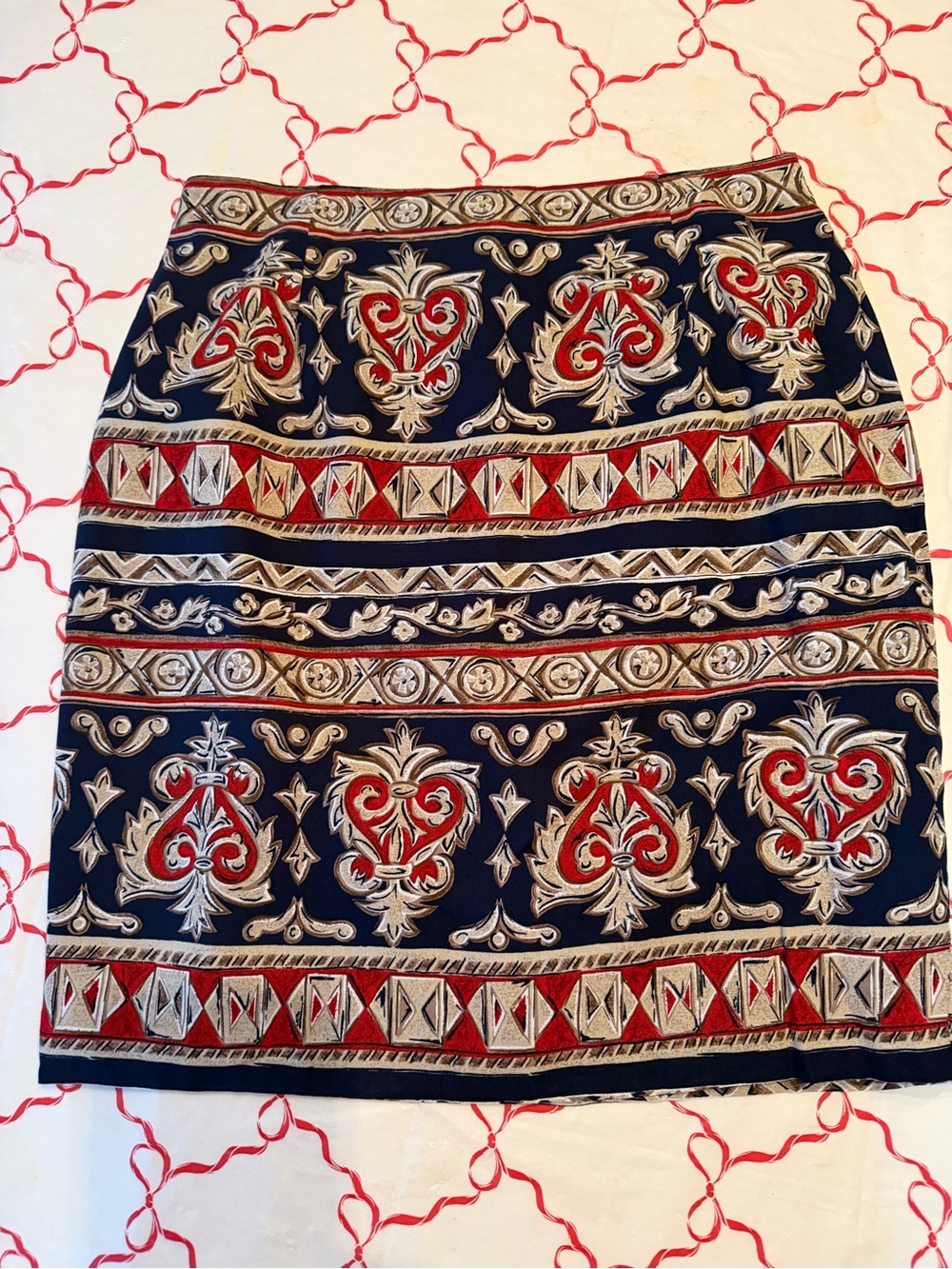 Women's Navy Blue Patterned zippered A-Line Skirt with Red & Tan Accents